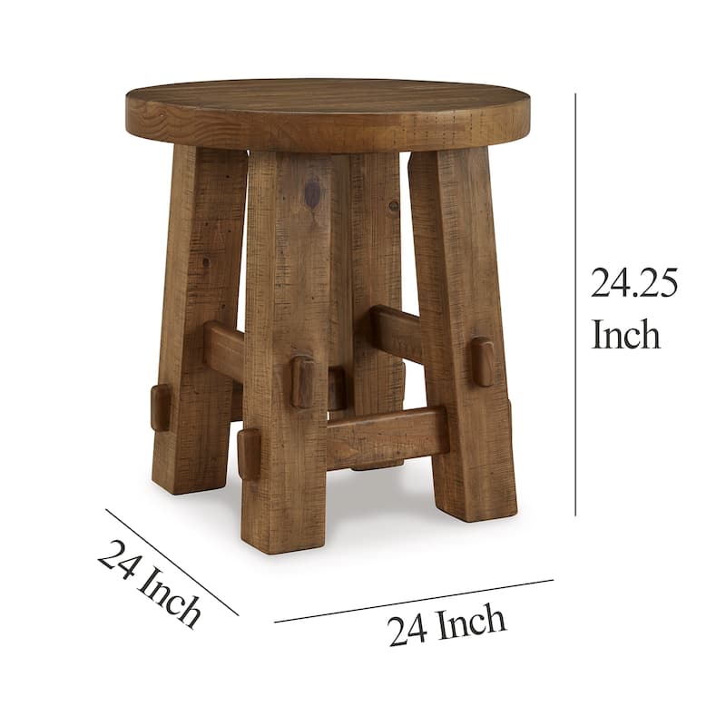 Ack Round Side End Table, Sturdy Block Legs, 24 Inch Brown Pine Solids