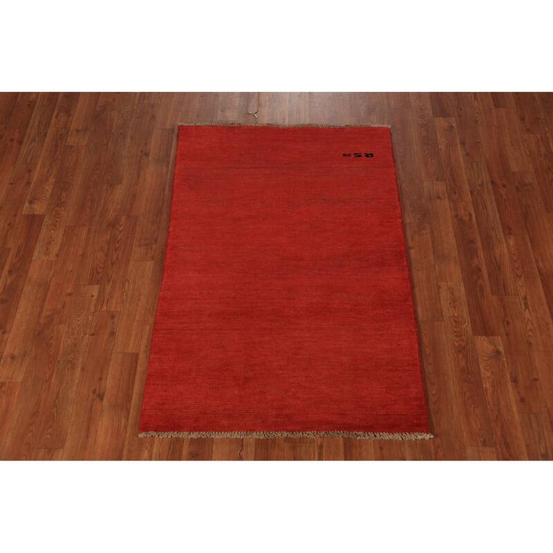 Modern Gabbeh Oriental Rug Hand-Knotted Red Wool Carpet - 2'9" x 4'2"