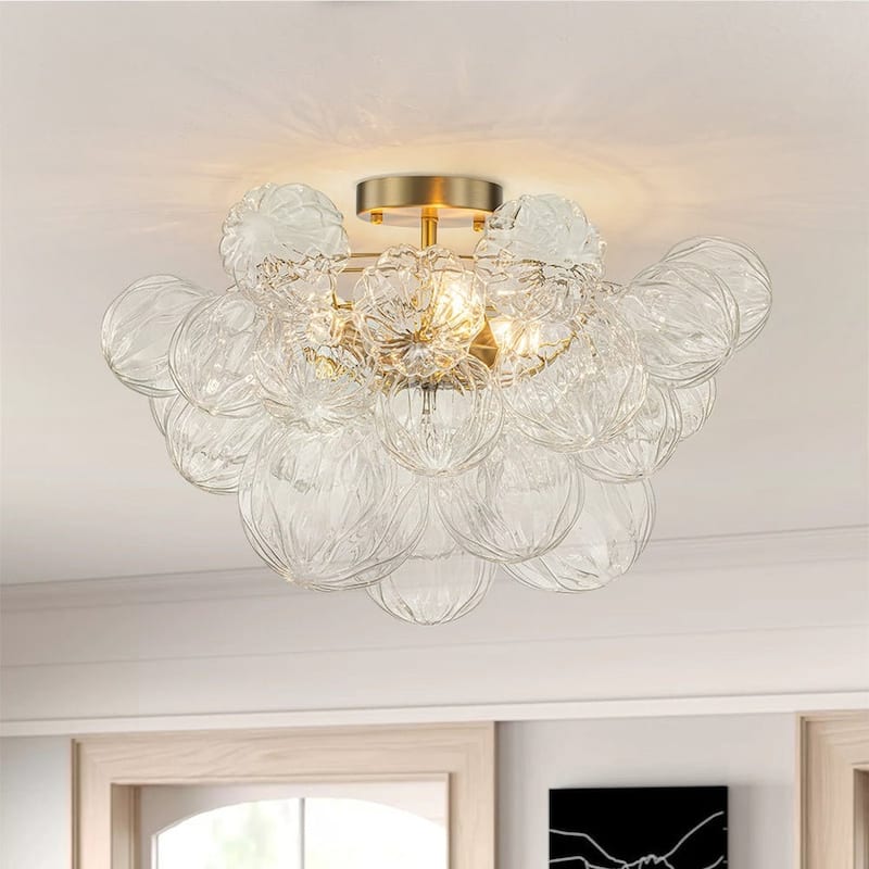 Brass 3-Light Faceted Glass Globe Cluster Bubble Semi Flush Mount
