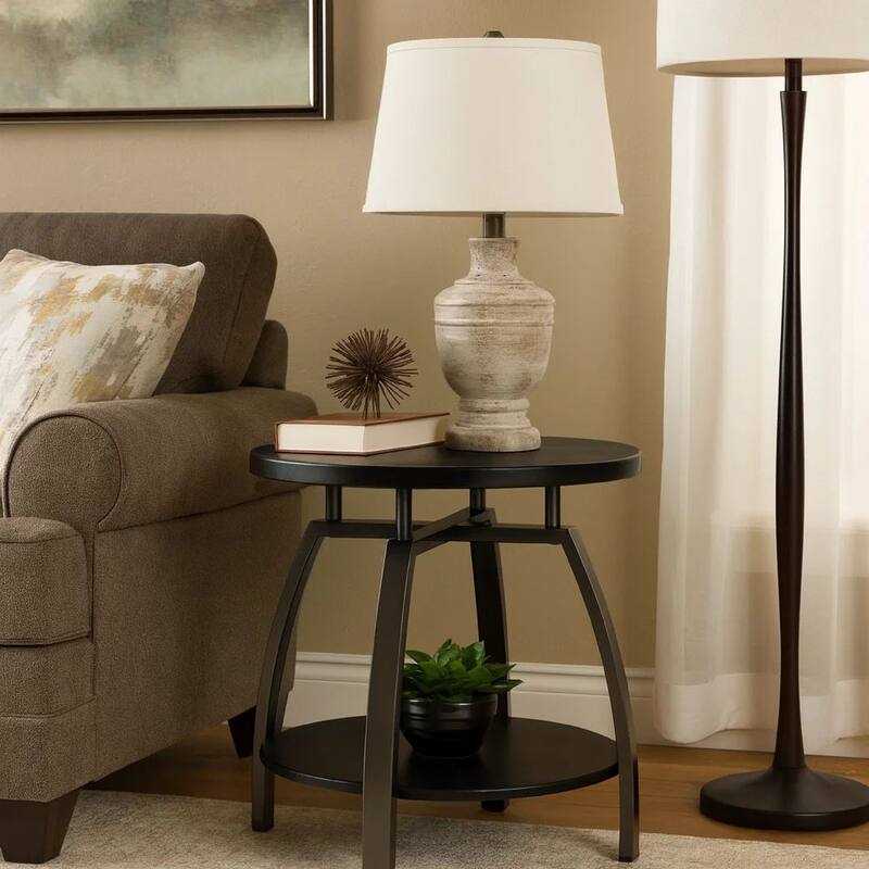 Dyn 23 Inch Round End Table, Open Shelf, Grayish Black Top, Gray Metal Legs