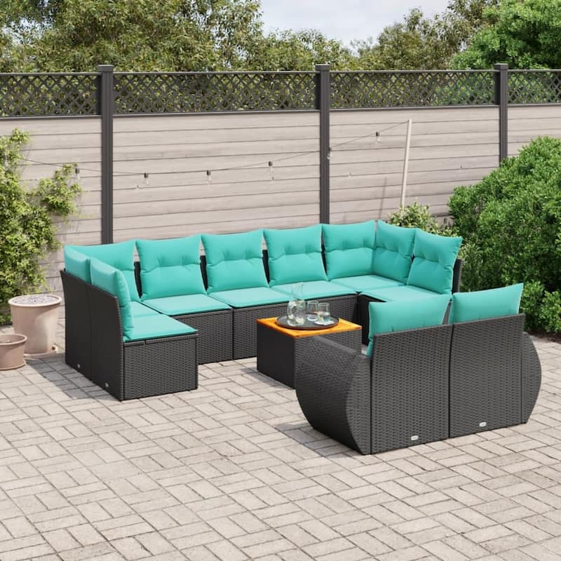 vidaXL 10 Piece Patio Sofa Set with Cushions Black Poly Rattan - 24.4 x 24.4 x 27.2 - Black-5x middle + 2x corner + Table