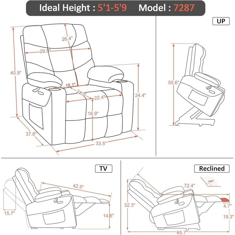 MCombo Electric Power Lift Recliner Chair Sofa for Elderly, 2 Side Pockets and Cup Holders, Faux Leather 7288
