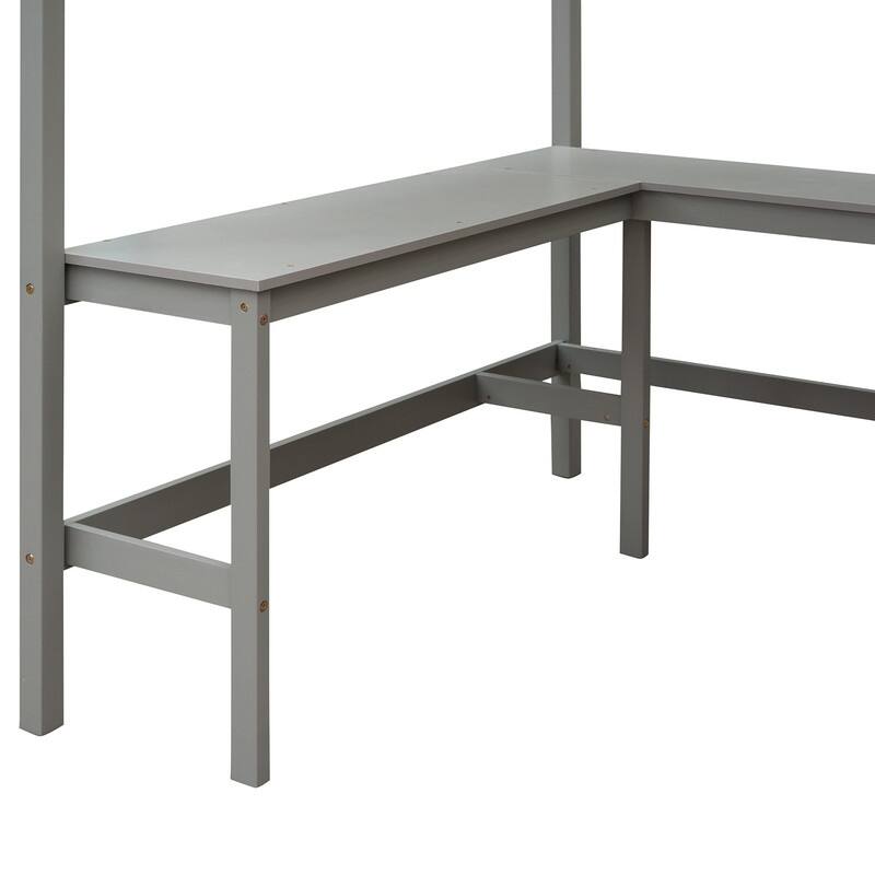 Full Size Loft Bed with Shelves and Desk, Wooden Full Loft Bed Frame with Desk