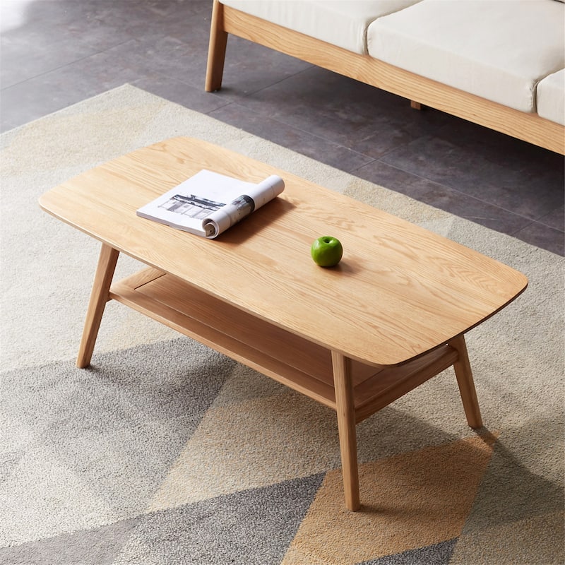 47" Wood Coffee Table，Side Table with Open Shelf and Wood Legs