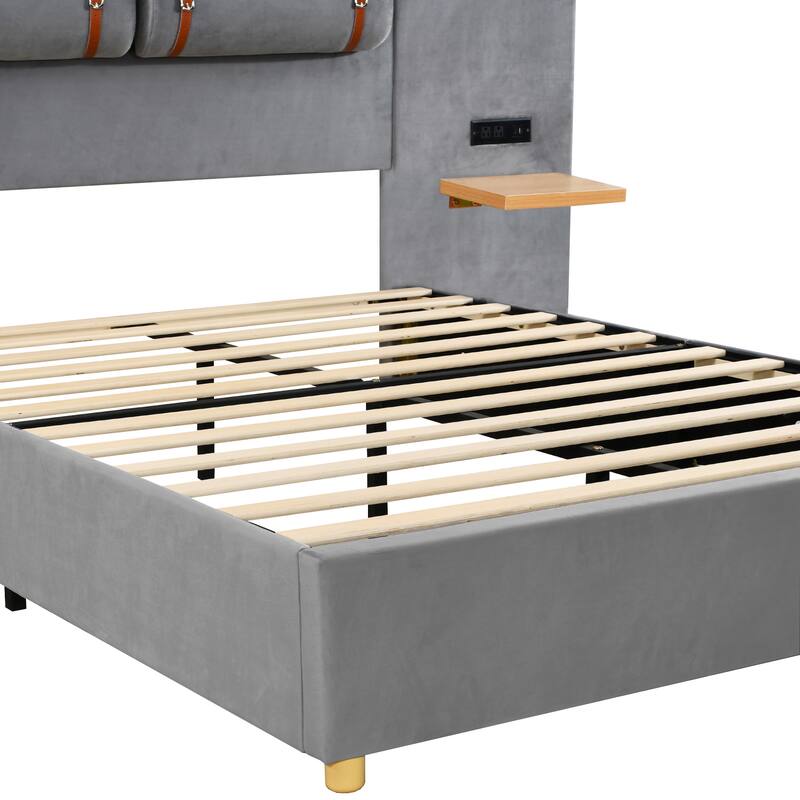 Upholstered Platform Bed with Pillows and USB Ports