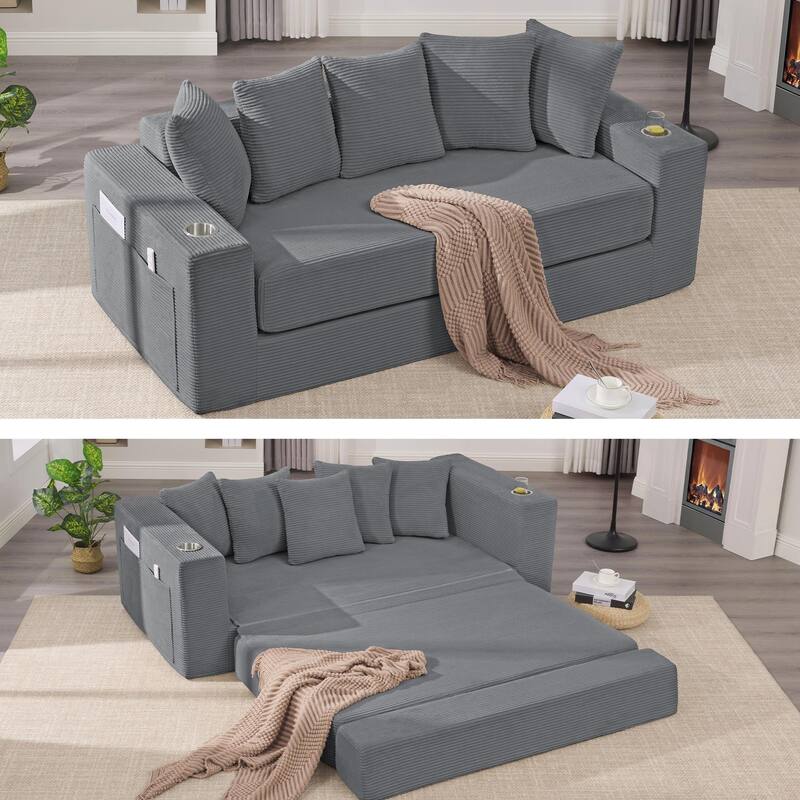 2-in-1 Convertible Sleeper Sofa, Floor Folding Couch, Sofa Bed with Side Pocket, Pull Out Loveseat with Cup Holders