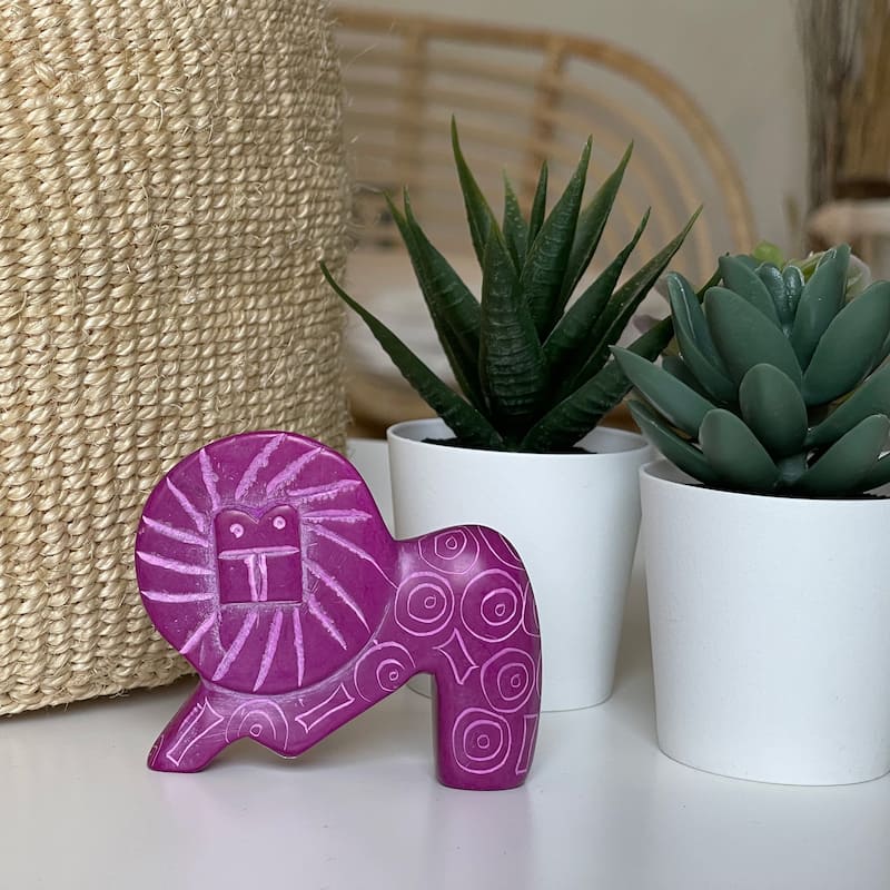 Small Soapstone Lion Figurine - Set of 3, Fuchsia