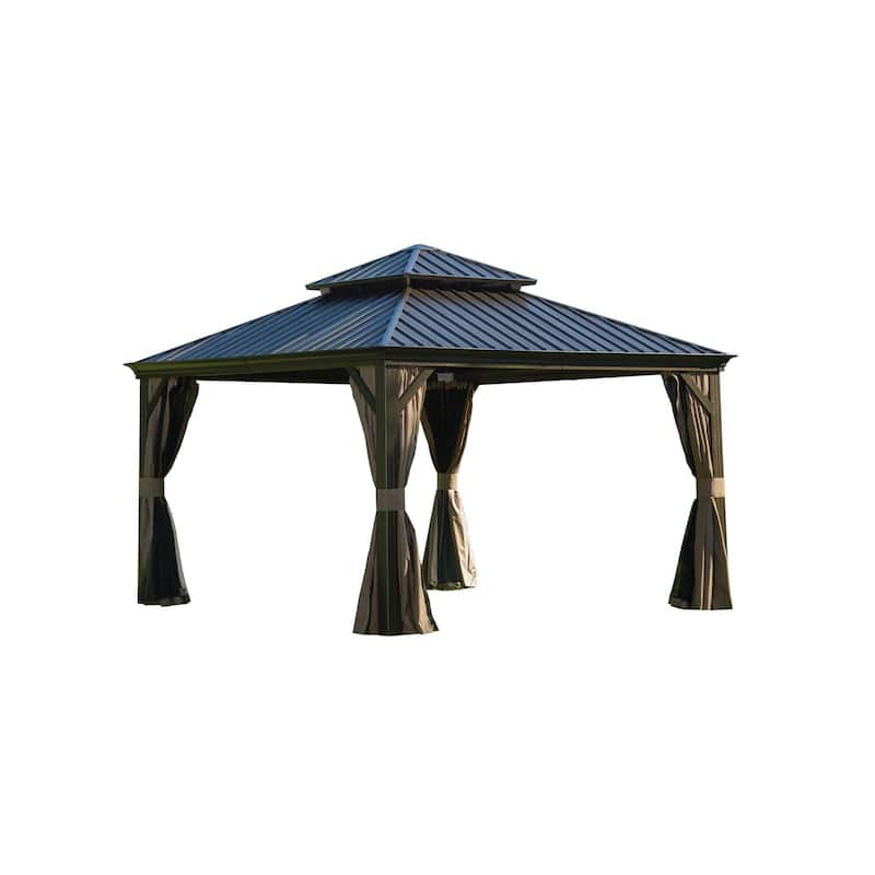 12' x 12' Outdoor Brown Aluminum Hardtop Gazebo with Galvanized Steel Double Roof with Curtains and Netting - 12 x 12 - Brown