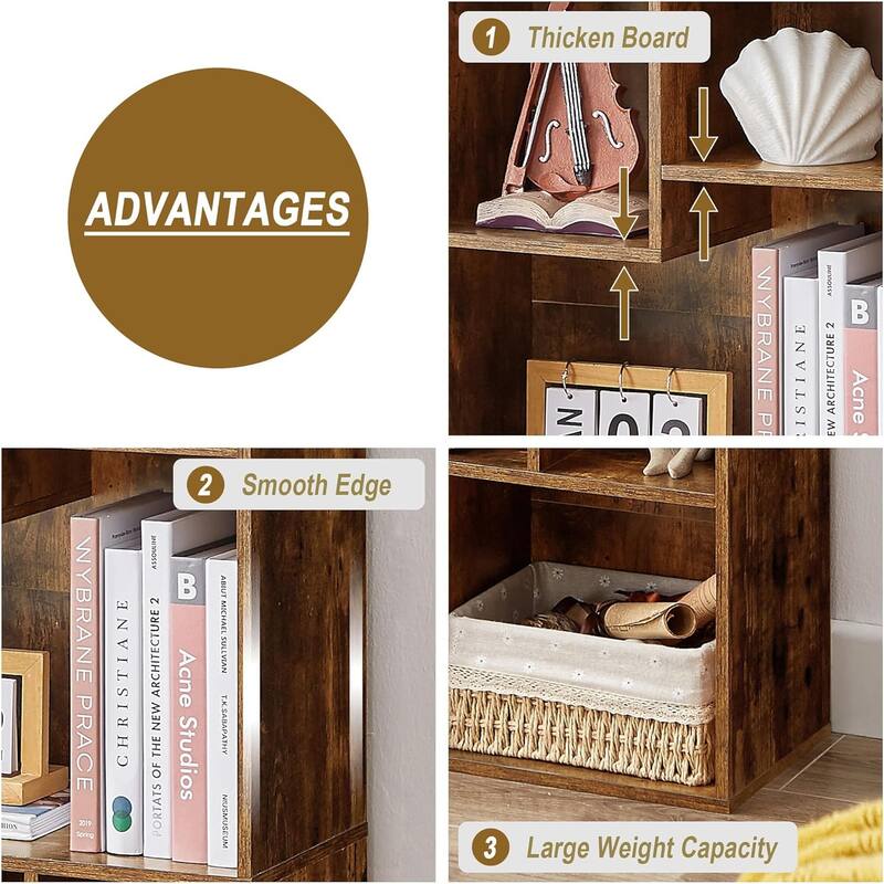 VECELO Widened Version Bookace(Set of 2), 3-Tier Five Open Cube Wooden Bookcase Organizer, Bookshelf