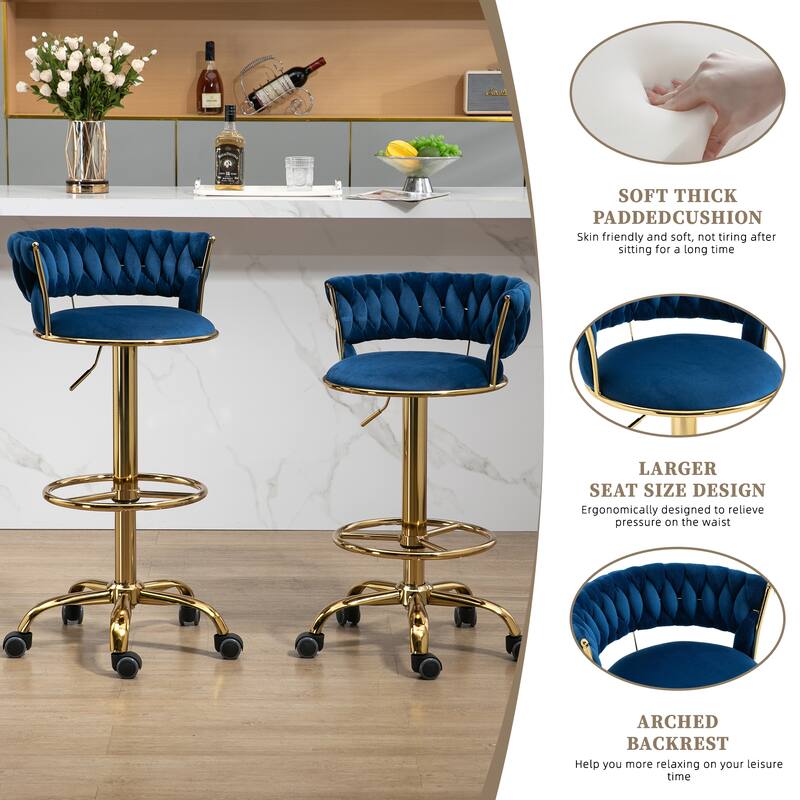 Velvet Upholstered Tufted Swivel Adjustable Height Bar Stools(set of 2