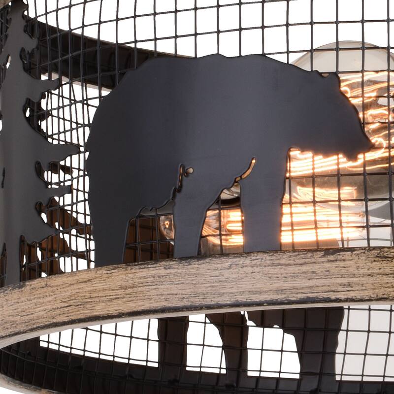 Kodiak 16-in W Black and Teak Rustic Semi Flush Mount Ceiling Light Bear and Tree Motif - 16-in W x 10.75-in H x 16-in D
