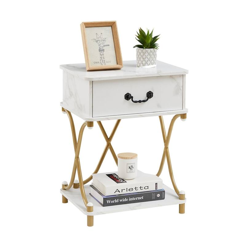 VECELO Mid Century Nightstand with Drawer & Open Shelf Curved X-Design Vintage Bedside Table for Bedroom and Living Room