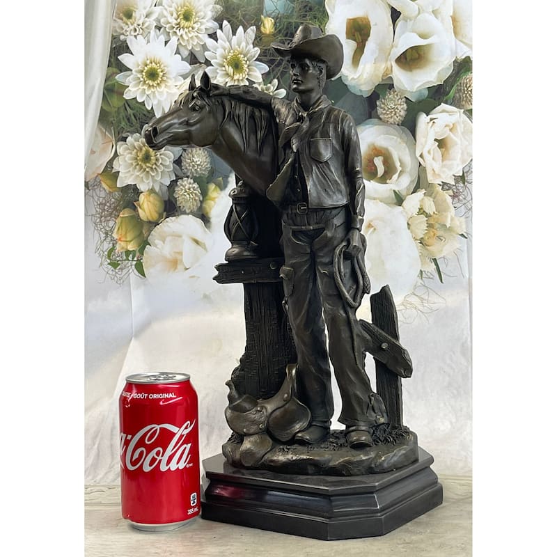 Cowboy Saddling Imitative Horse Stables Barn Bronze Statue Sculpture Figure 16 Inches X 8 Inches