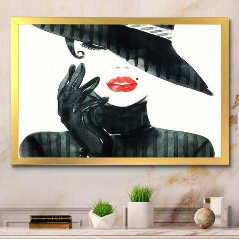 Designart "Stylish Fashionista With Black Hat And Red Lips III" Glam Framed Wall Art