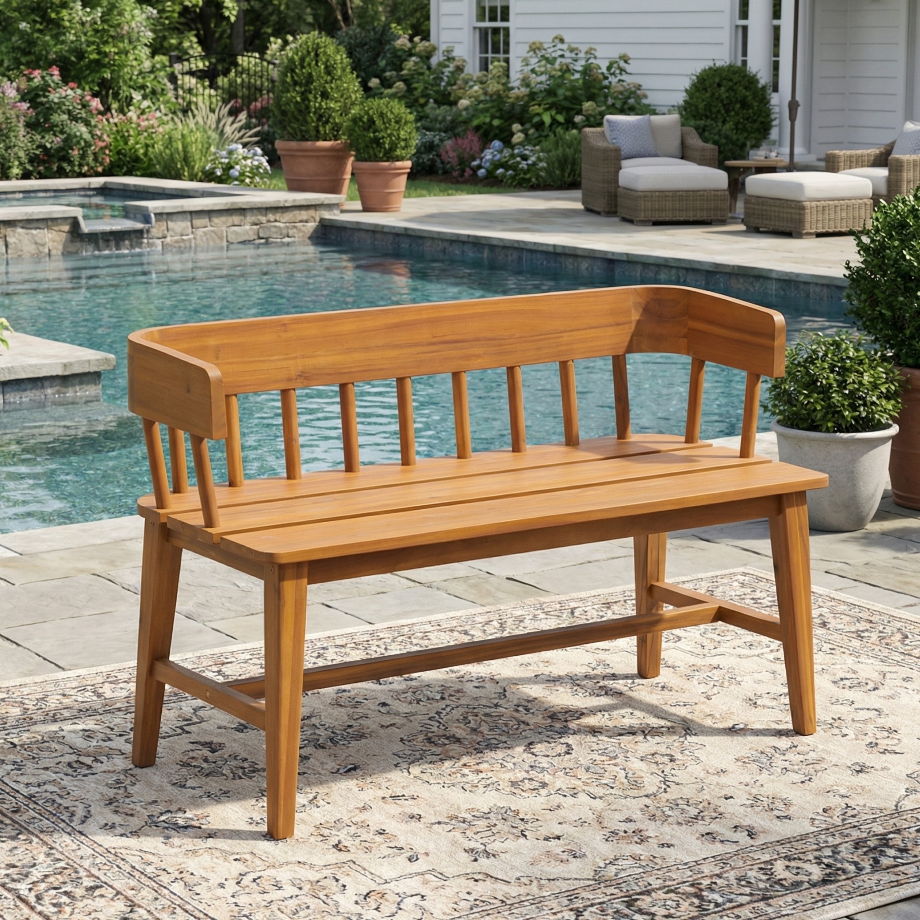 Christopher Knight Home - Outdoor Acacia Wood Bench with Teak Finish Slatted Backrest Patio Garden Bench