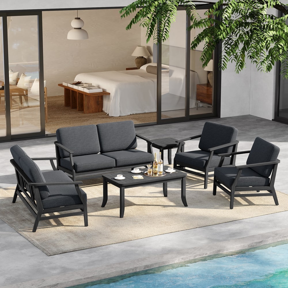 6-Seat Outdoor Teak Wood Patio Conversation Set with Cushions Tables