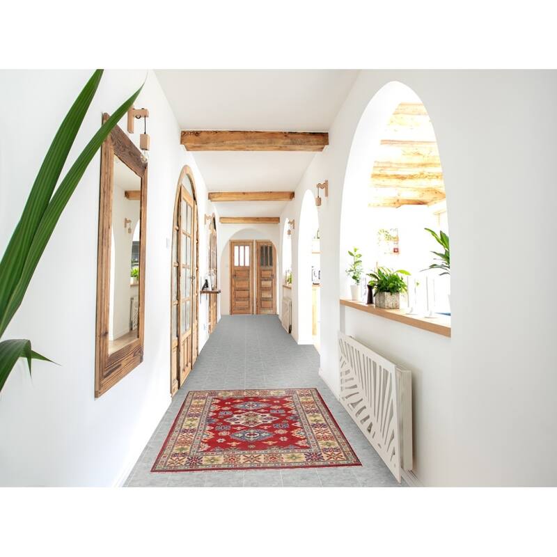 Red Traditional Geometric Kazak Accent Rug Hand-Knotted Wool Carpet - 3'1" x 5'0"