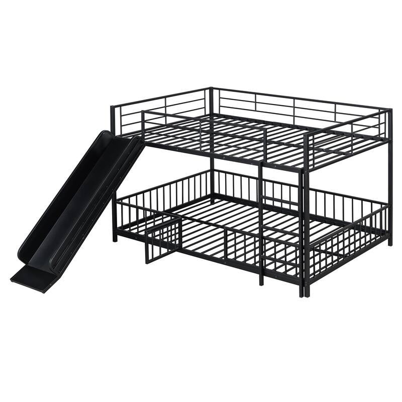 Black Full over Full Size Metal Bunk Bed with Slide & Guardrails