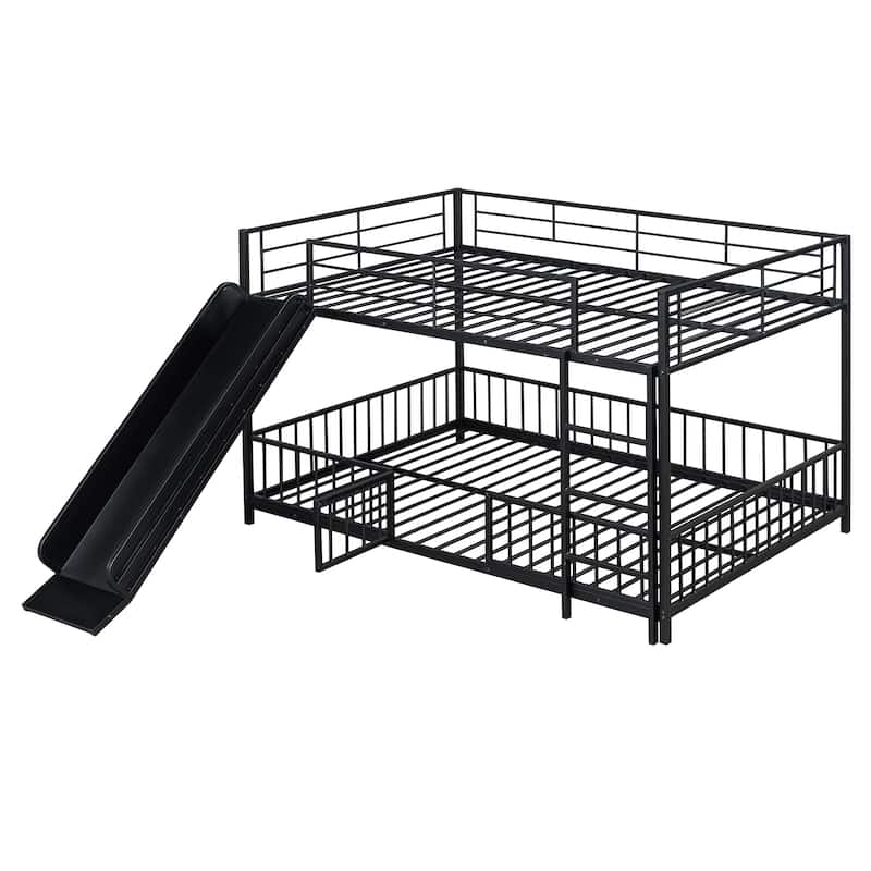 Full over Full Size Metal Bunk Bed with Slide and Guardrails for Kids' Rooms