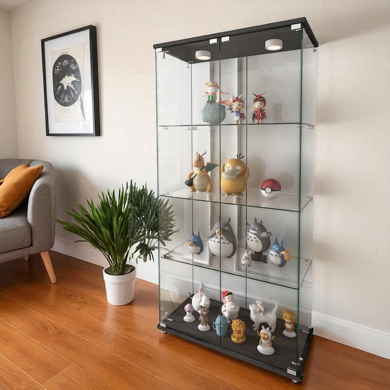 Modern 2-Door Glass Display Cabinet with LED Lights, 4-Shelf Tempered Glass Showcase for Collectibles and Storage