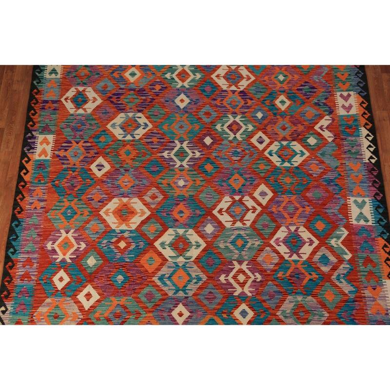 All-Over Geometric Kilim Oriental Area Rug Flatweave Wool Carpet - 8'4" x 9'8"