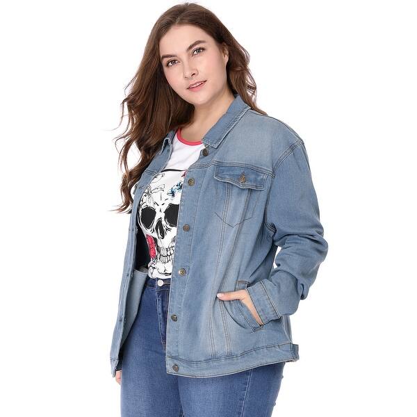 Allegra K Women/'s Plus Size Button Down Washed Denim Jacket with Chest Flap Pocket