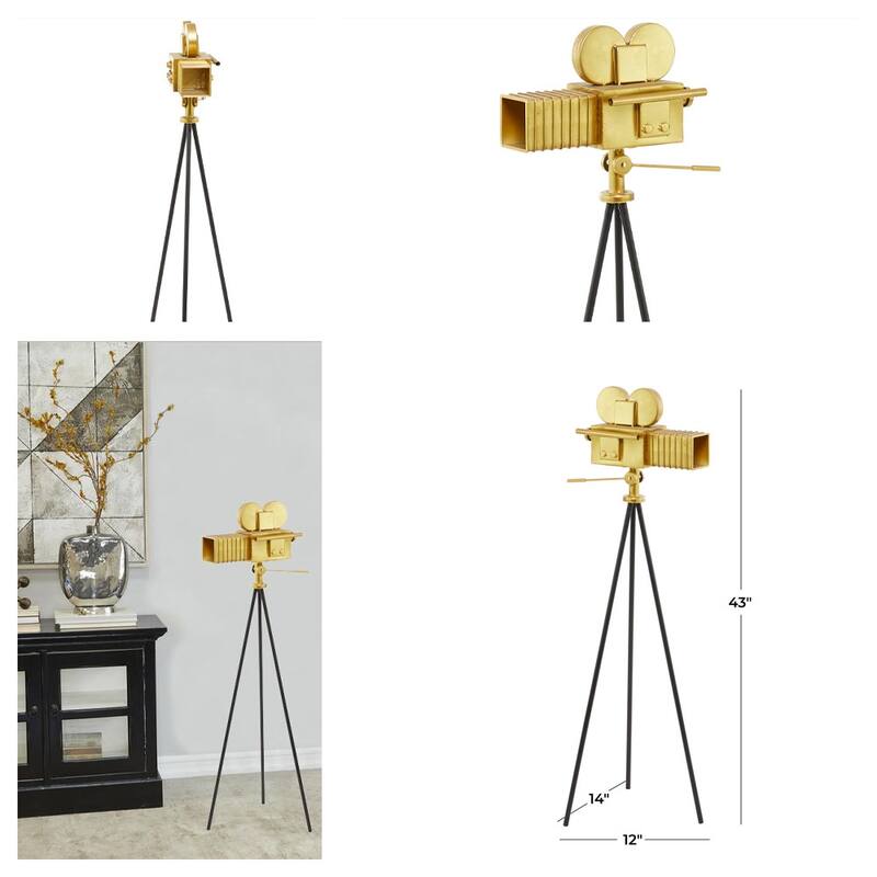 Classic Hollywood Gold Metal Camera Film Sculpture with Tripod Stand