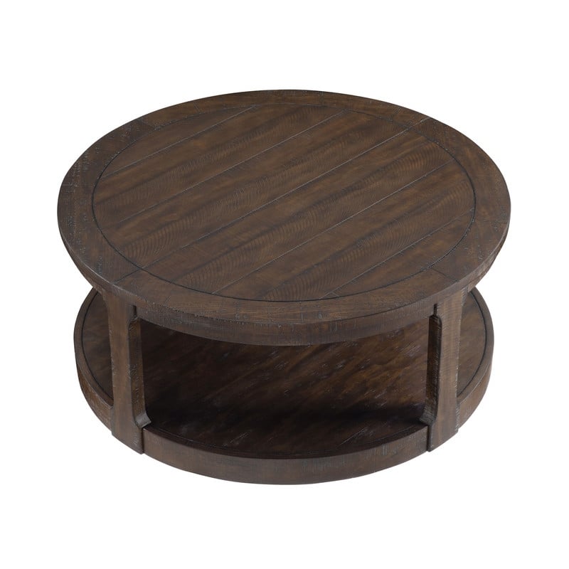 40" Large Curved Two-Tier Traditional Round Wooden Coffee Table with Wheels, Mid-Century Rustic Style