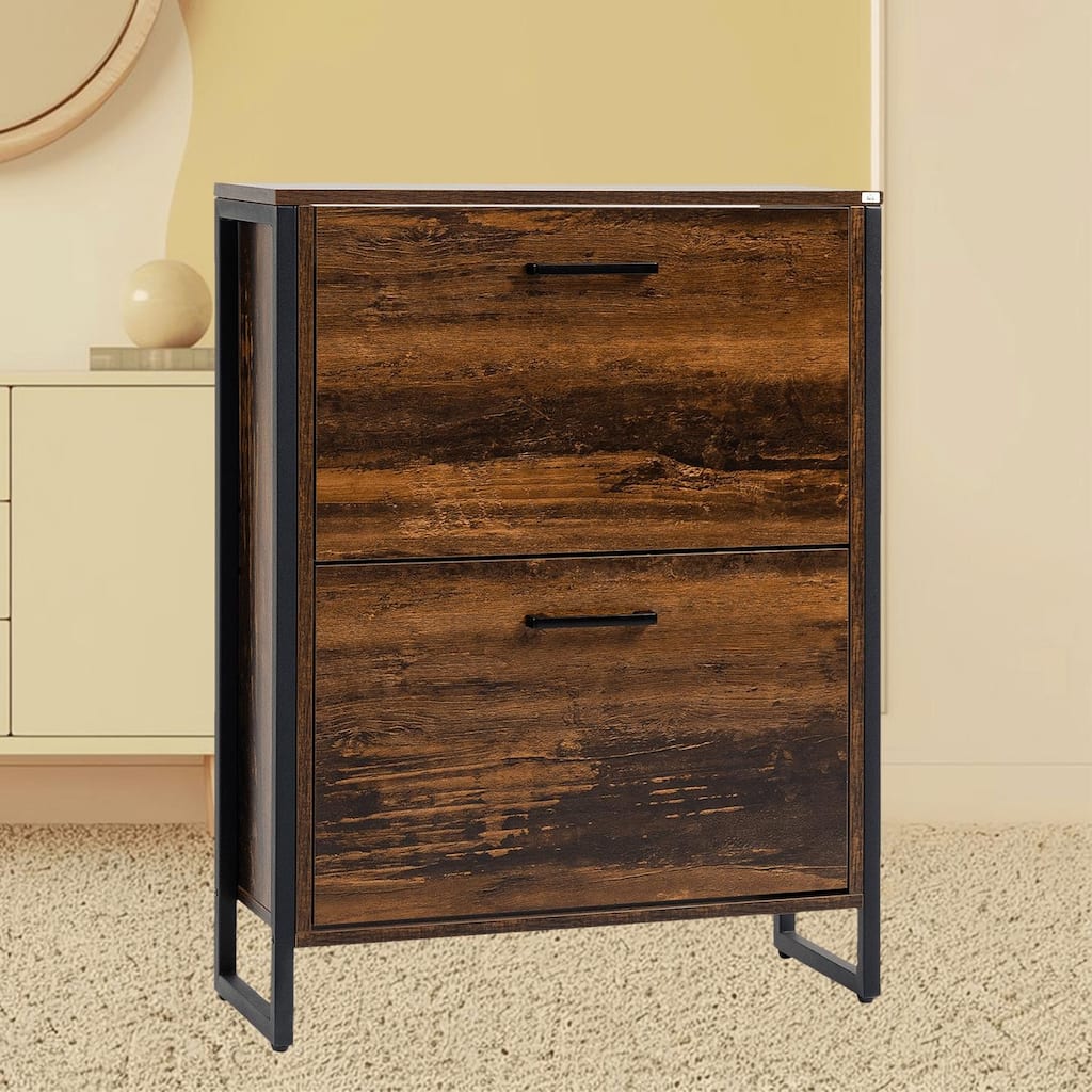 Narrow Shoe Rack Storage Cabinet with Adjustable Shelves and 2 Flip Drawers, for Mudroom, Porch, Hallway and Entryway Organize