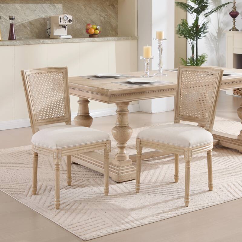 Set of 2 French Country Dining Chairs, Upholstered with Natural Rattan T-Shaped Back - Natural