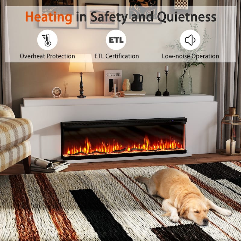 Black 3-Sided Electric Fireplace with Remote and Panoramic Tempered Glass Flames 5000 BTU Heater