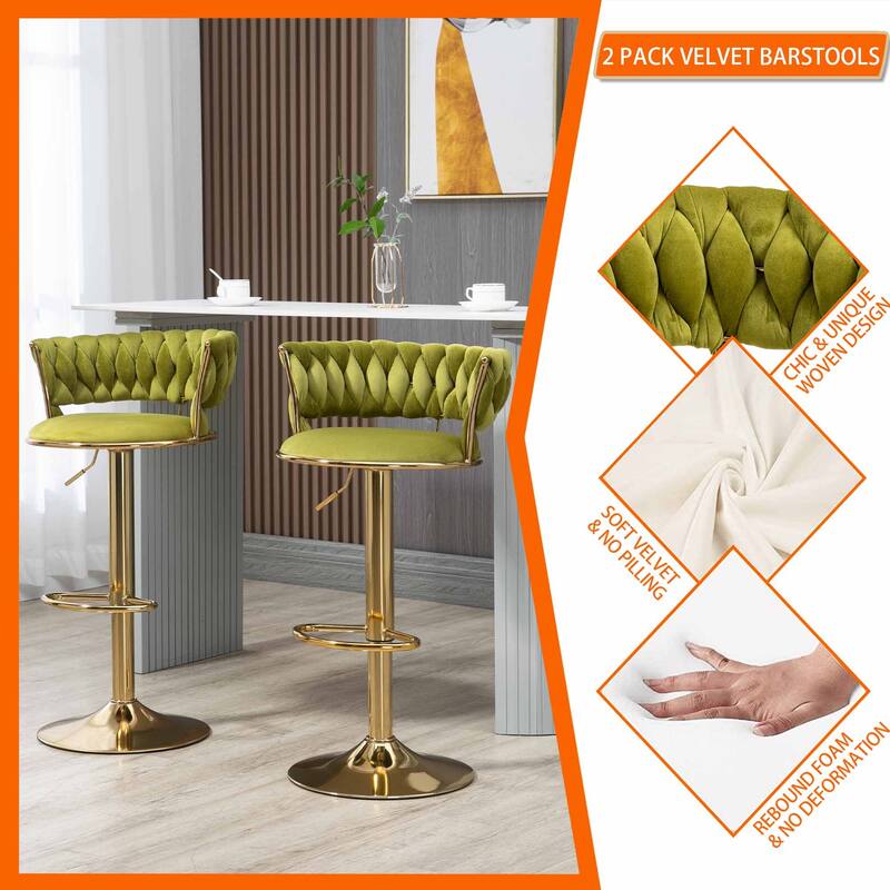 HOMEFUN Velvet Adjustable Height Swivel Armless Bar Stools With Golden Footrest(set of 2)