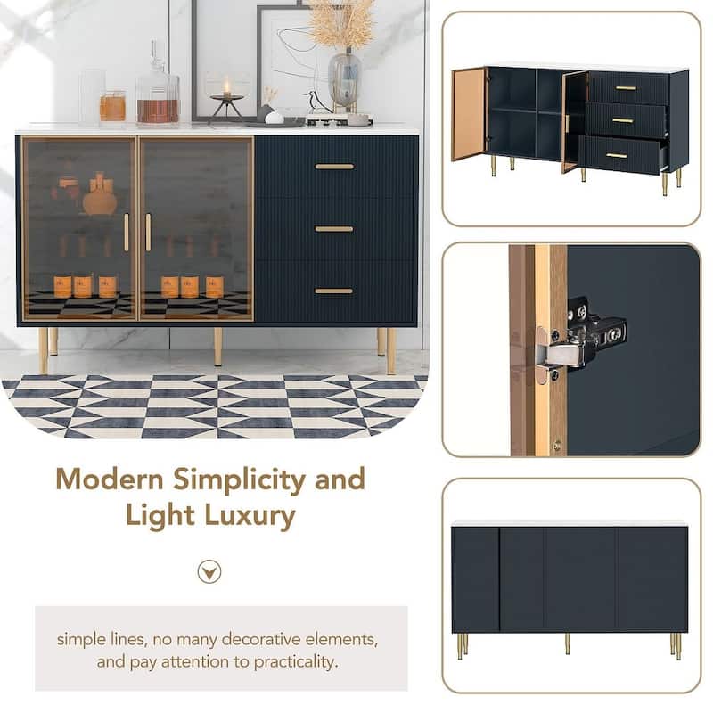 60" Modern Kitchen Accent Buffet Sideboard Cabinet with Amber-yellow Tempered Glass Doors