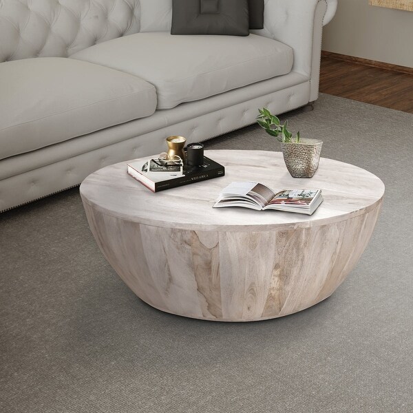 36 Inch Round Mango Wood Coffee Table, Subtle Grains