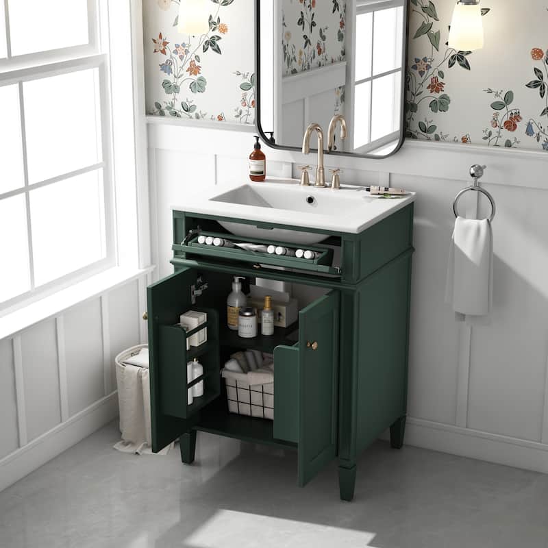 24" Bathroom Vanity With 2 Doors And Tip-Out Drawer, Bathroom Storage Cabinet With Sink, Soft-Closing Doors With Organizers