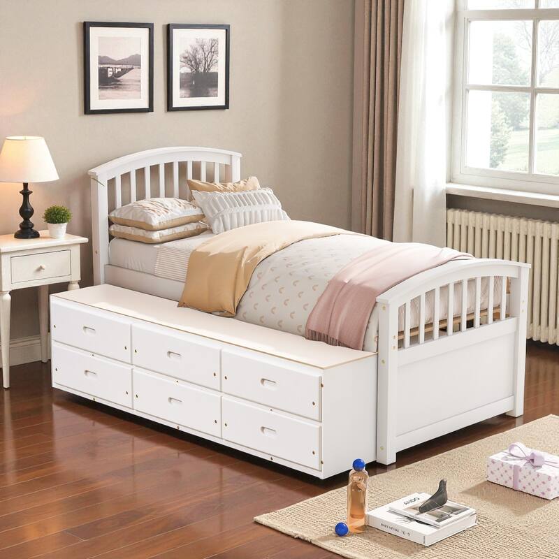 Twin Size Solid Wood Platform Bed with 6 Storage Drawers, Pine Wood Frame with Slats, No Box Spring Needed