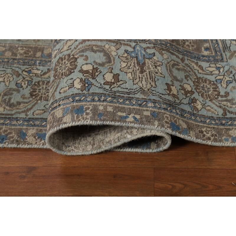 Blue Tabriz Persian Rug Hand-Knotted Distressed Floral Wool Carpet - 7'4"x 10'8"