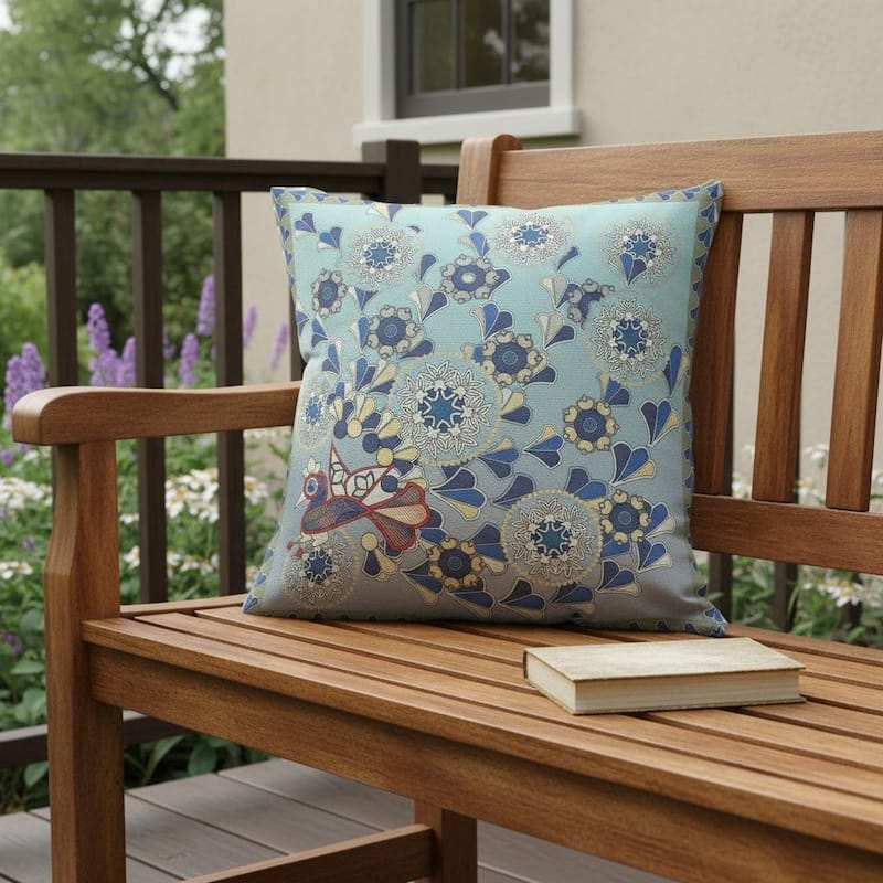 HomeRoots 20" x 20" Aqua Peacock Blown Seam Floral Indoor Outdoor Throw Pillow - 20.00' X '5.00' X '20.00 - Aqua - 20.00' X '5.00' X '20.00