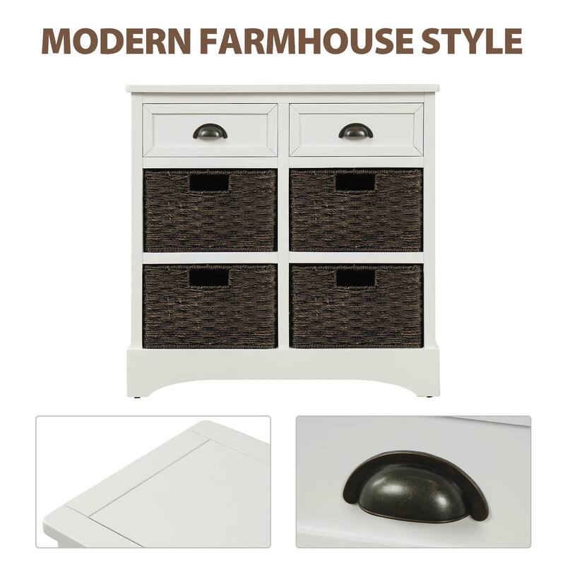 Rustic Storage Cabinet with Two Drawers and Four Classic Rattan Basket