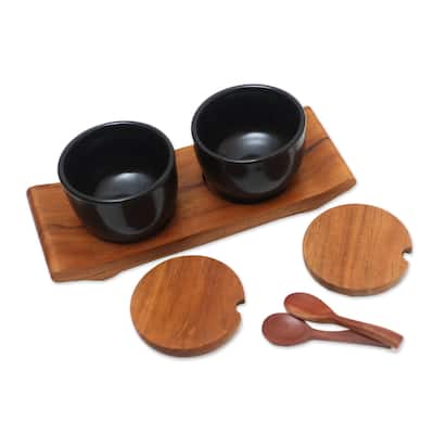 Novica Handmade Flavor Duo In Black Ceramic And Teak Wood Condiment Set
