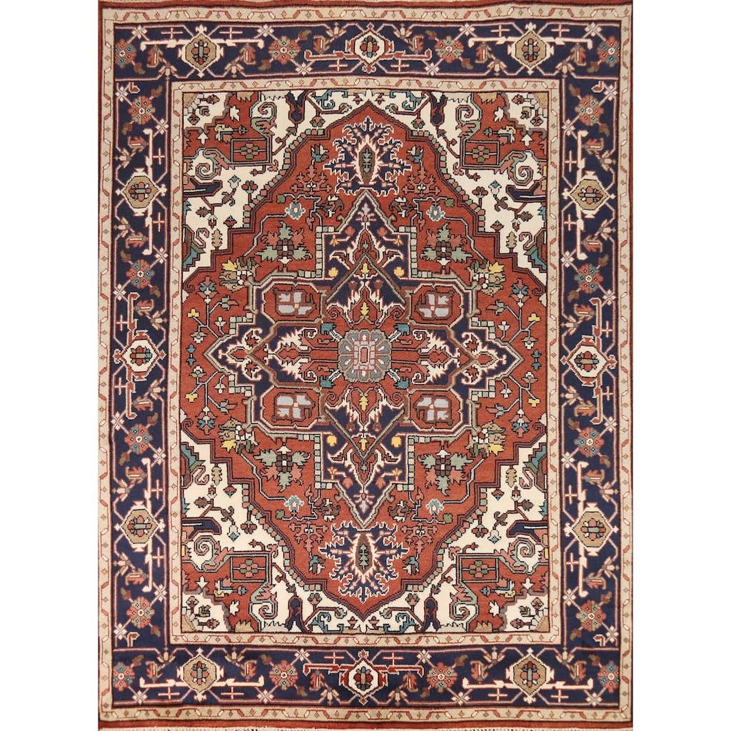 Orange Heriz Serapi Indian Area Rug Handmade Wool Carpet - 7'11"x 9'9"