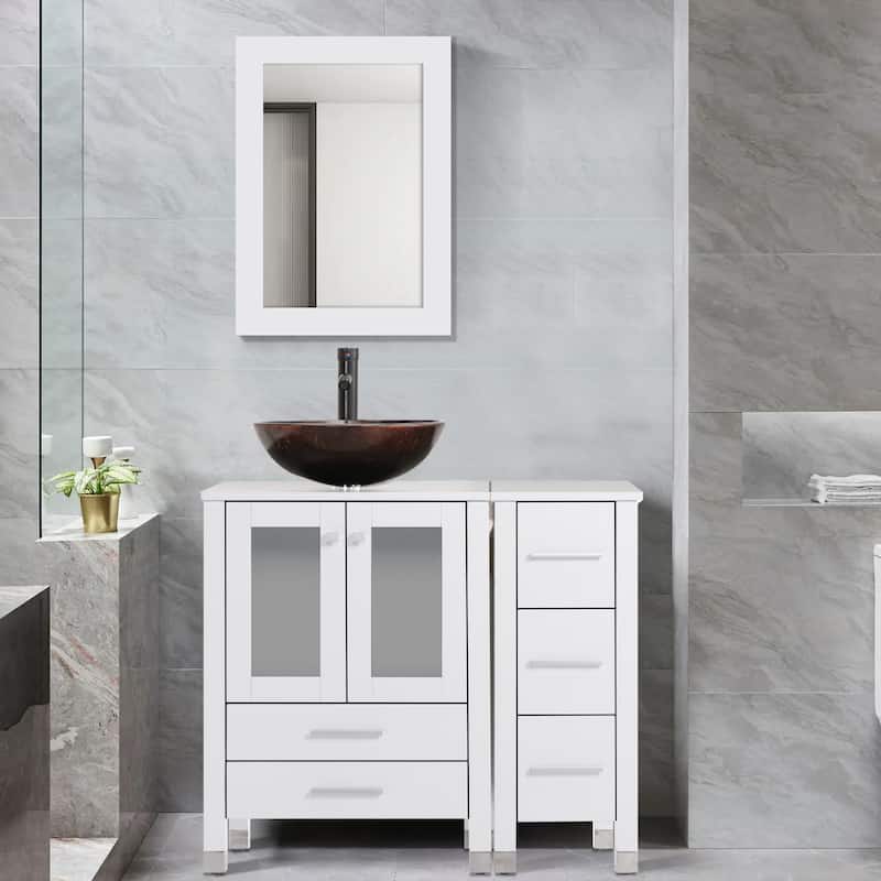 36" Bathroom Vanity with Sink Set Side Cabinet - White - W-Glass brown round sink