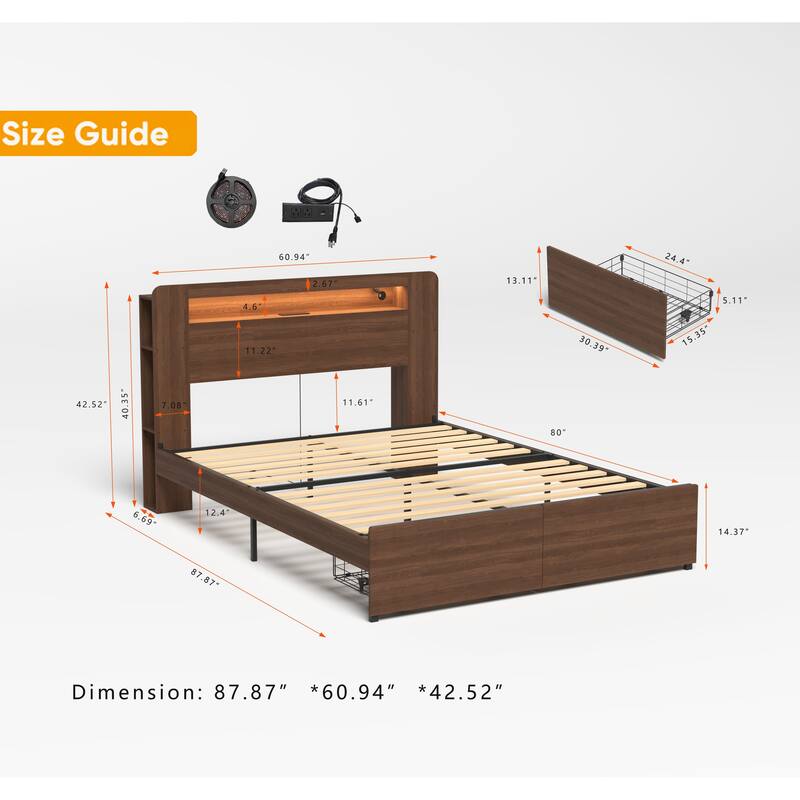 Wooden Bed Frame Queen Size Farmhouse Platform Bed Frame with Bookcase Shelf & 2 Storage Drawers, LED Light Headboard