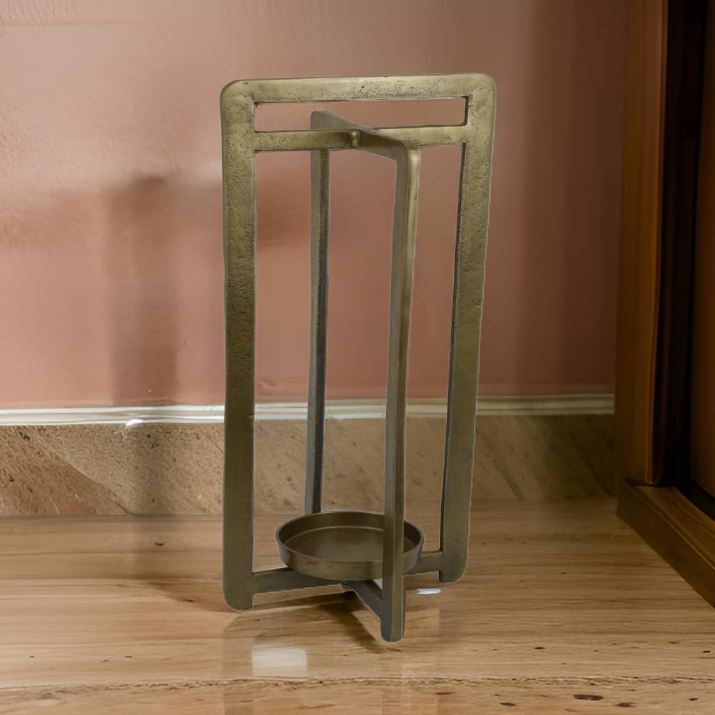 Eya 25 Inch Modern Tabletop Candle Lantern with Round Plate, Gold Metal