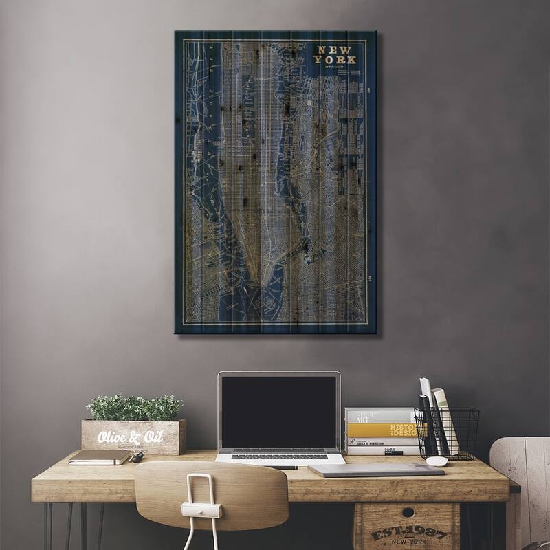 Blueprint Map New York Print On Wood by Sue Schlabach - Multi-Color