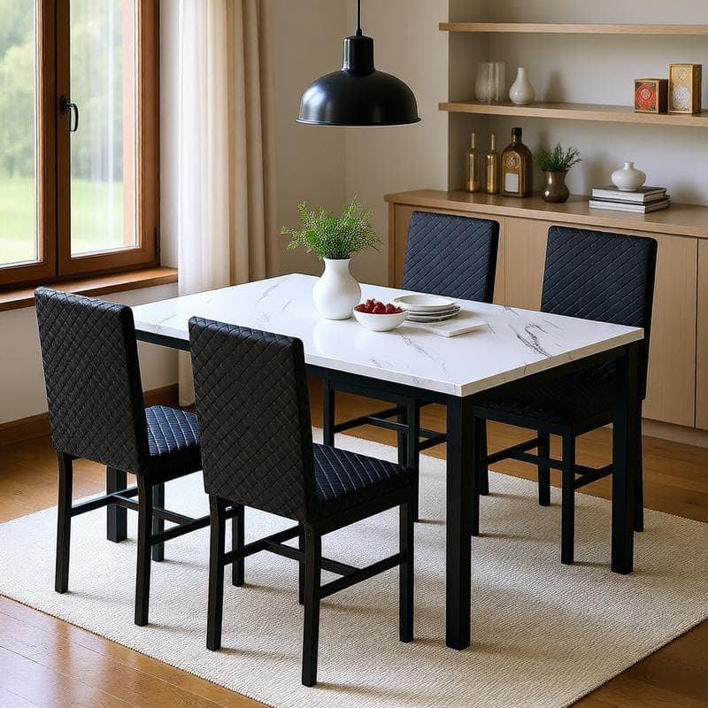 Grondin 5-Piece Dining Room Table Set with Faux Marble Table Top and Diamond Stitching Velvet Upholstery Dining Chairs