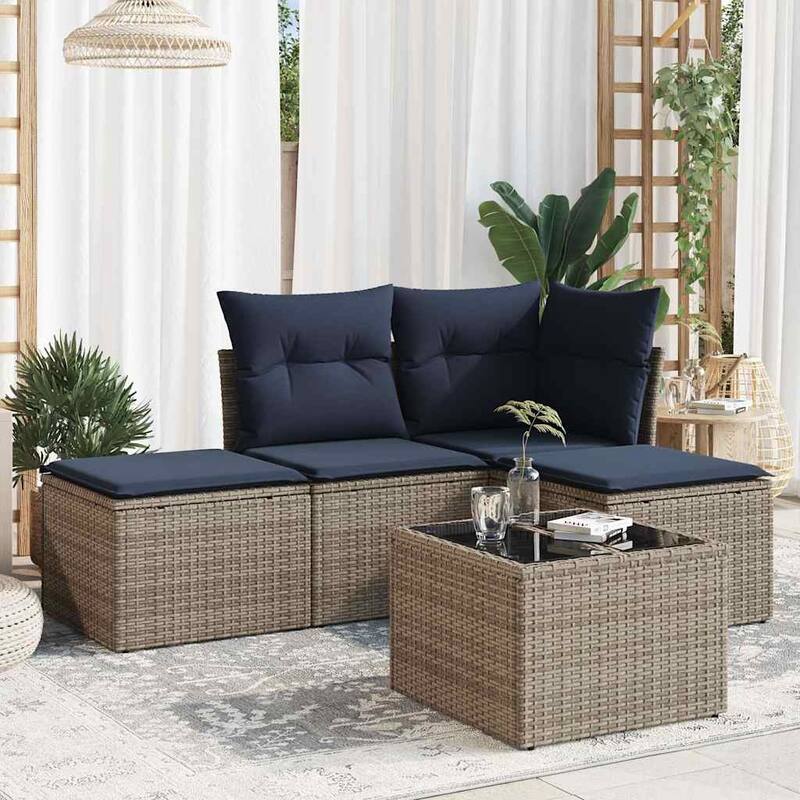 vidaXL 4/5 Piece Patio Sofa Set with Cushions Black/Brown/Gray Poly Rattan - 24.4 x 24.4 x 27.2 - Beige and gray With table