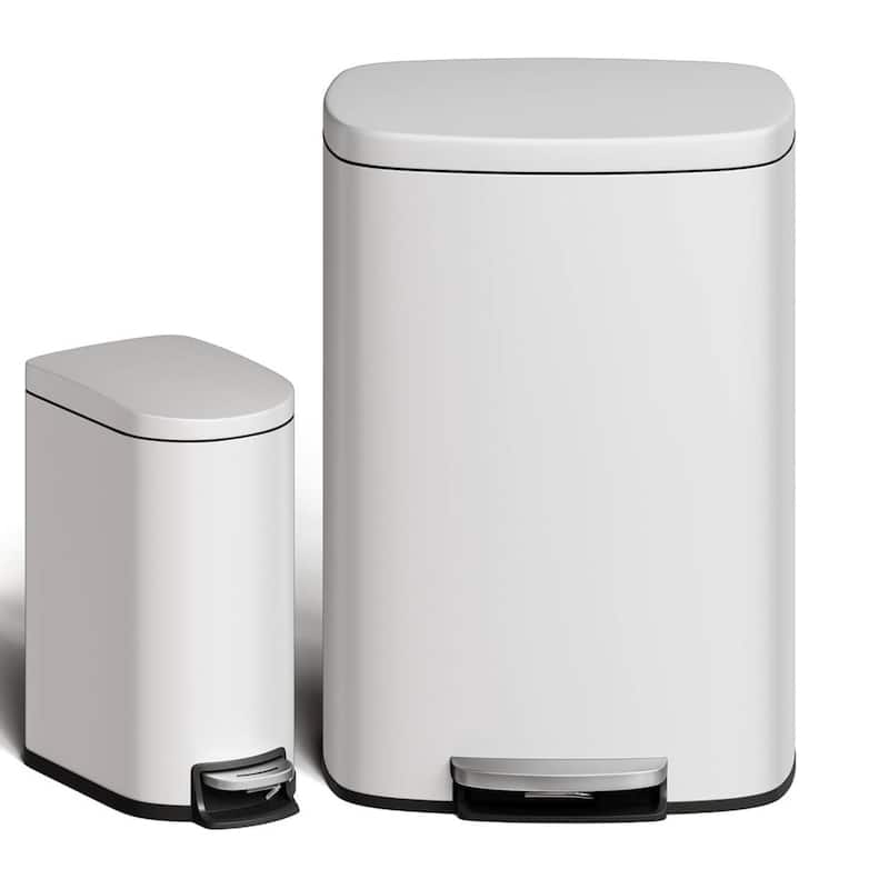 13.2 & 2.6 Gallon Kitchen Trash Can, Step-On Pedal Bins Combo Set - White