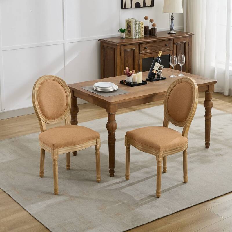 Set of 2 French Style Linen Upholstered Dining Chairs with Wood Legs