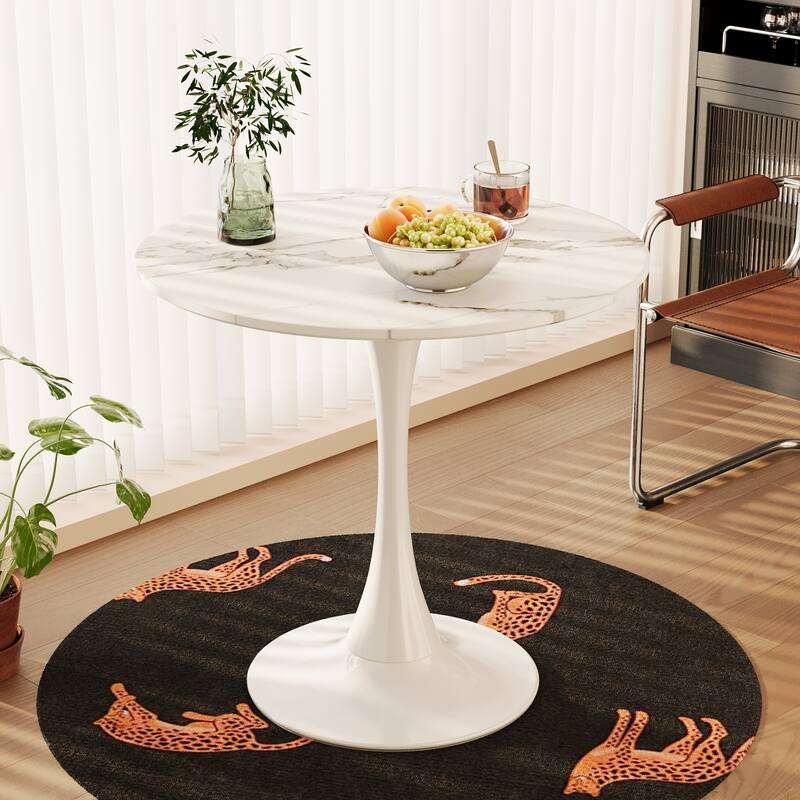 Round Dining Table with Metal Base and Marble Patterned Tulip Top Coffee Table - White